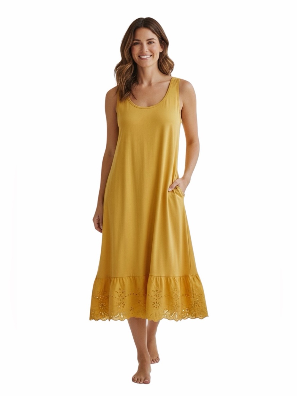 LOGO by Lori Goldstein•Mustard Eyelet Hem Sleeveless Midi Dress